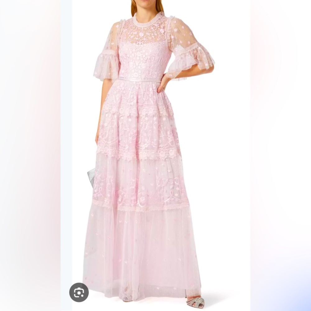 Needle & Thread Pink Tiered Gown with Flutter Sleeves